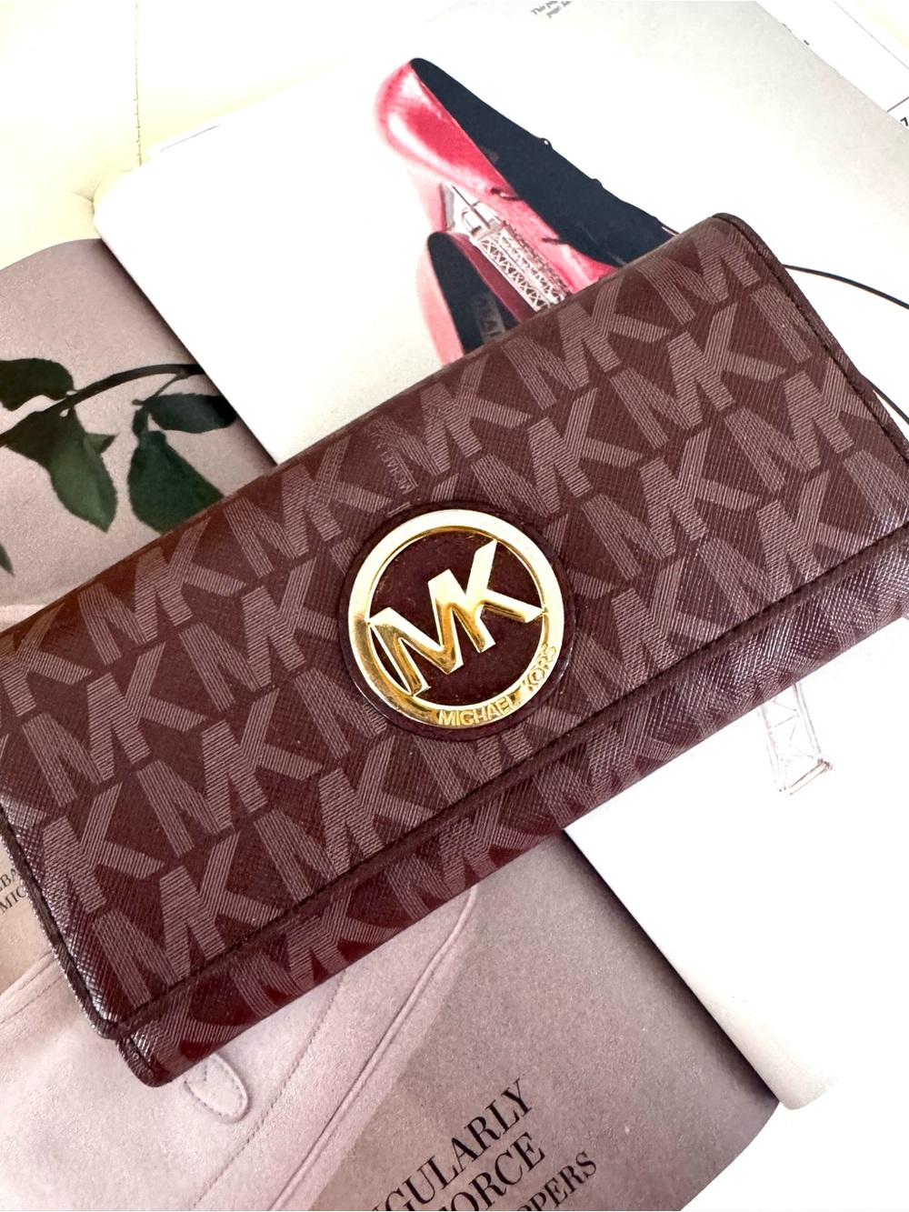 Michael Kors maroon MK Logo Continental Wallet with Gold Emblem